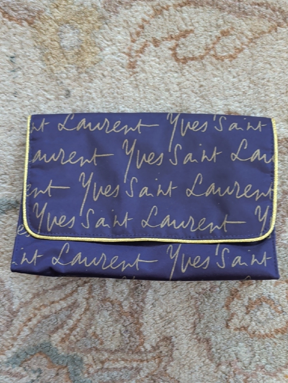 Yves Saint Laurent Purple Script Parfume Makeup Bag Clutch with Gold Trim